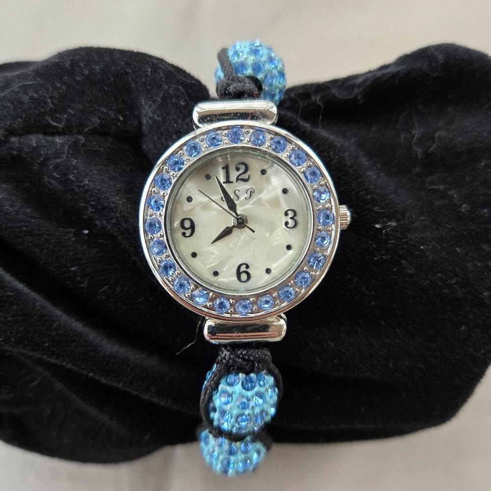 Pretty ESP LTD. Watch Blue Rhinestone Beaded Bracelet Knotted Black cord